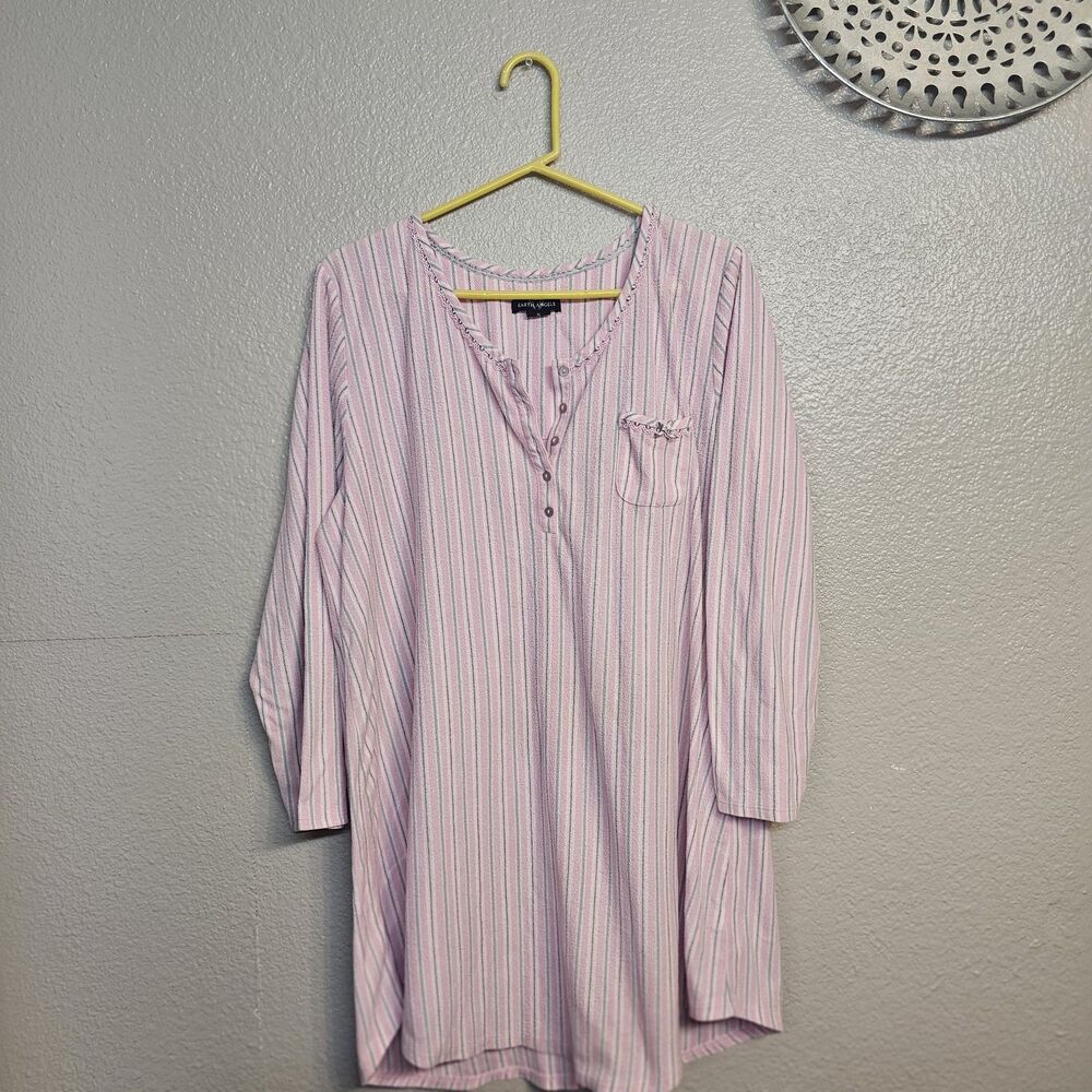Earth Angels Women's XL Pink Striped Henley Tunic Gown Pocket Grannycore T393